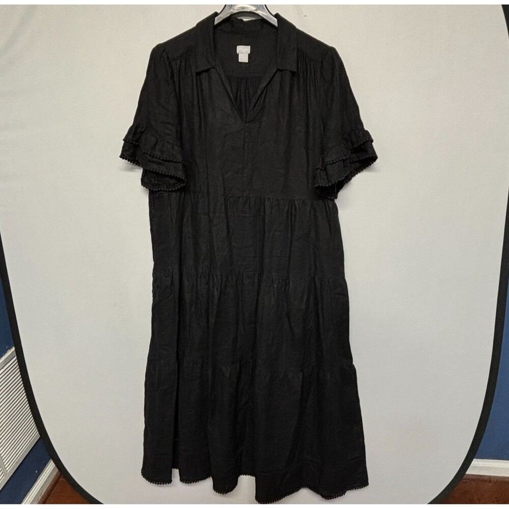 Chico's Women 100% Linen Tiered Maxi Dres Size 3 XL X-Large Black D131 -27